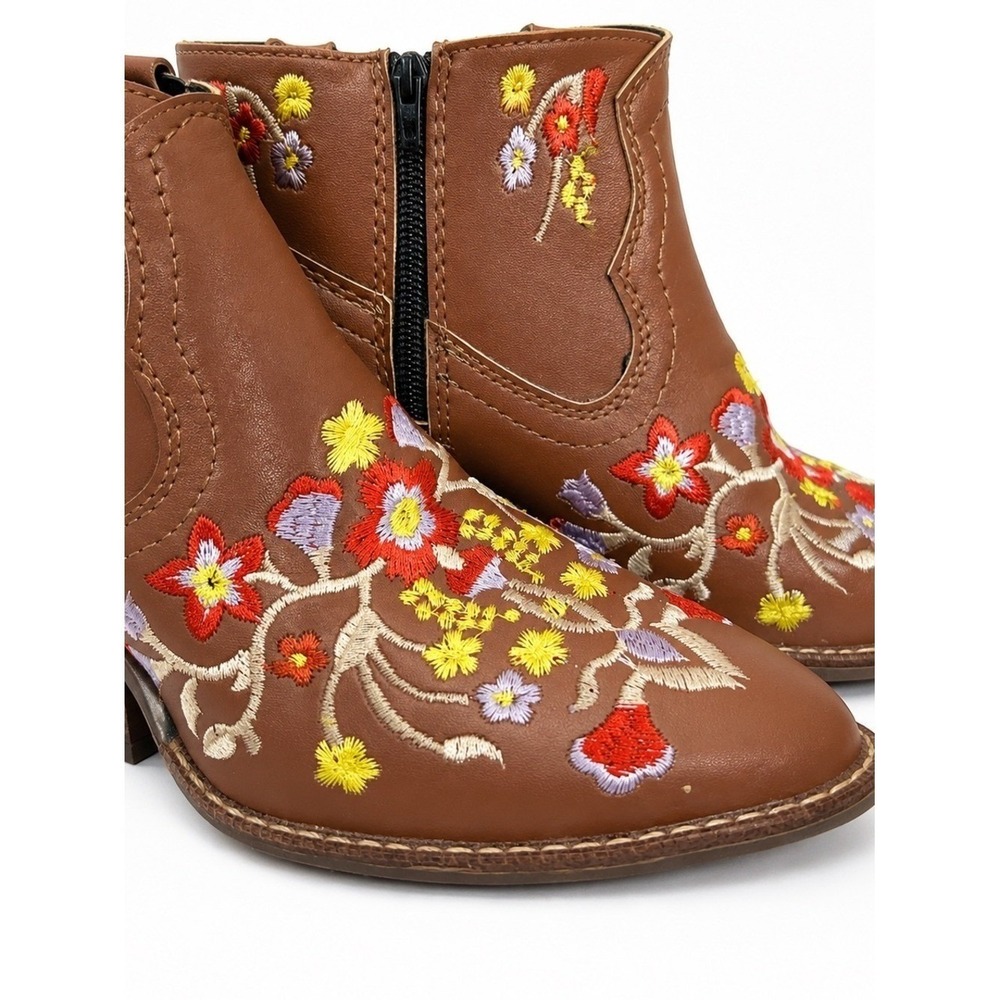 Women Floral Embroidery Western Ankle Boots Brown Low Heel Booties US 5 - Picture 4 of 4